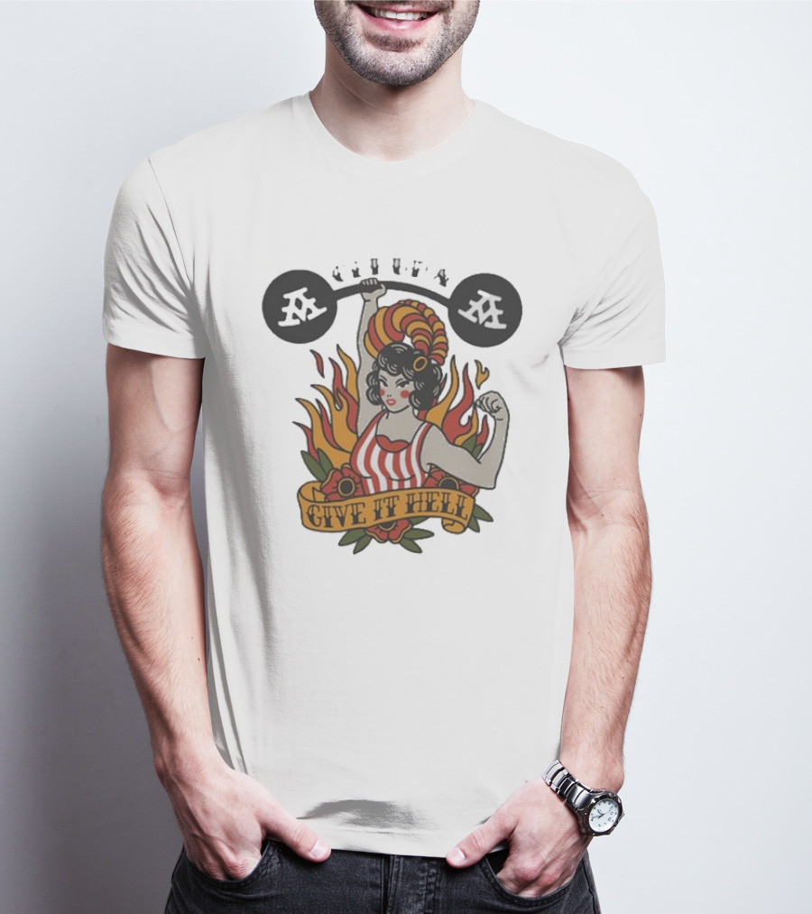 Get Up Give It Hell Retro Strongwoman Flames Barber Pole Haircurl Stripes Roses Boxing Gym Vintage T-Shirt