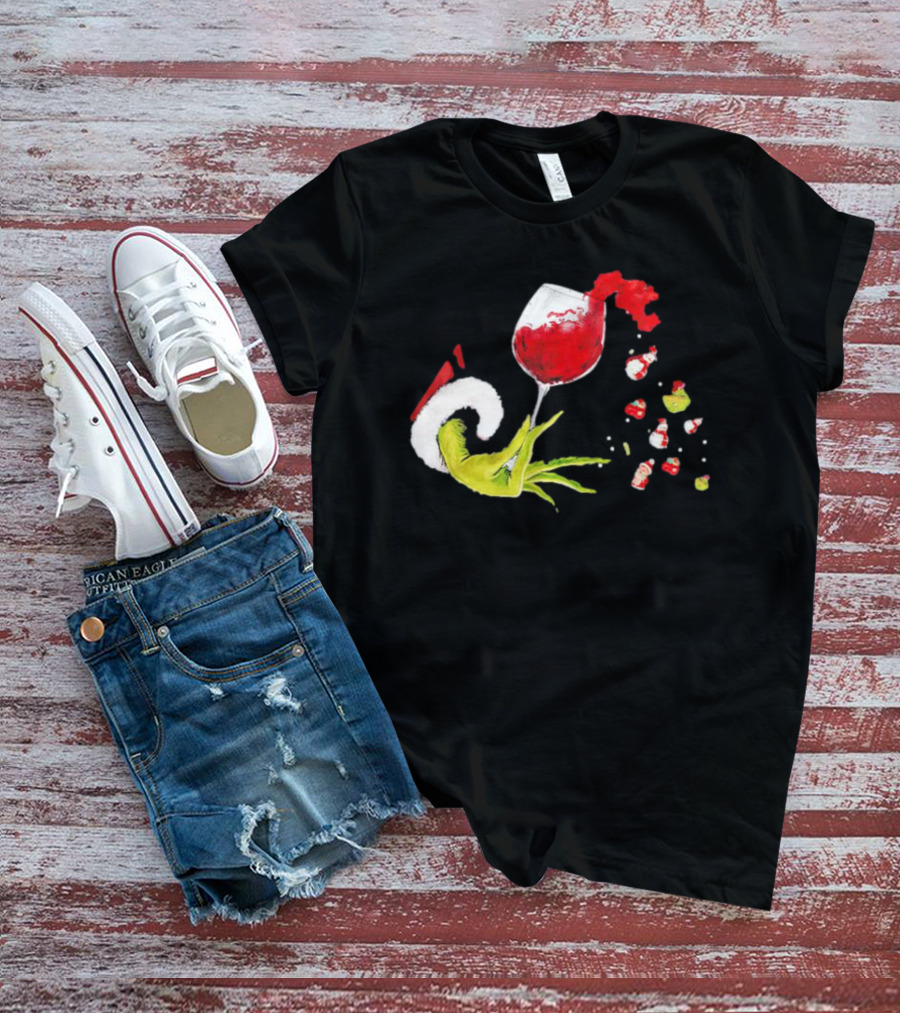 Grinch Hand Christmas Wine Glass Festive Holiday T-Shirt