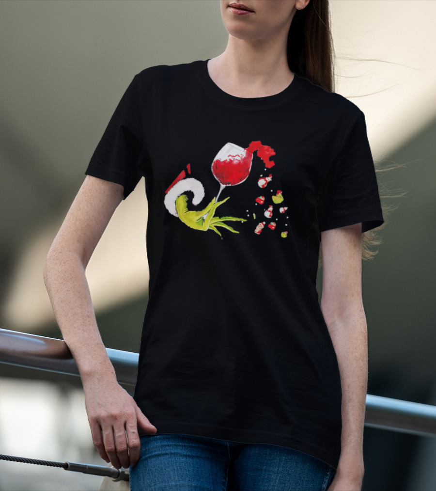 Grinch Hand Christmas Wine Glass Festive Holiday T-Shirt