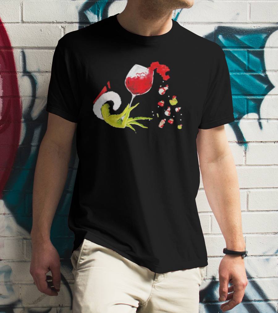 Grinch Hand Christmas Wine Glass Festive Holiday T-Shirt