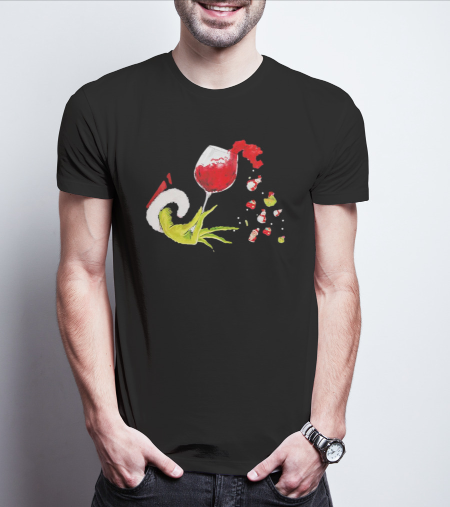 Grinch Hand Christmas Wine Glass Festive Holiday T-Shirt