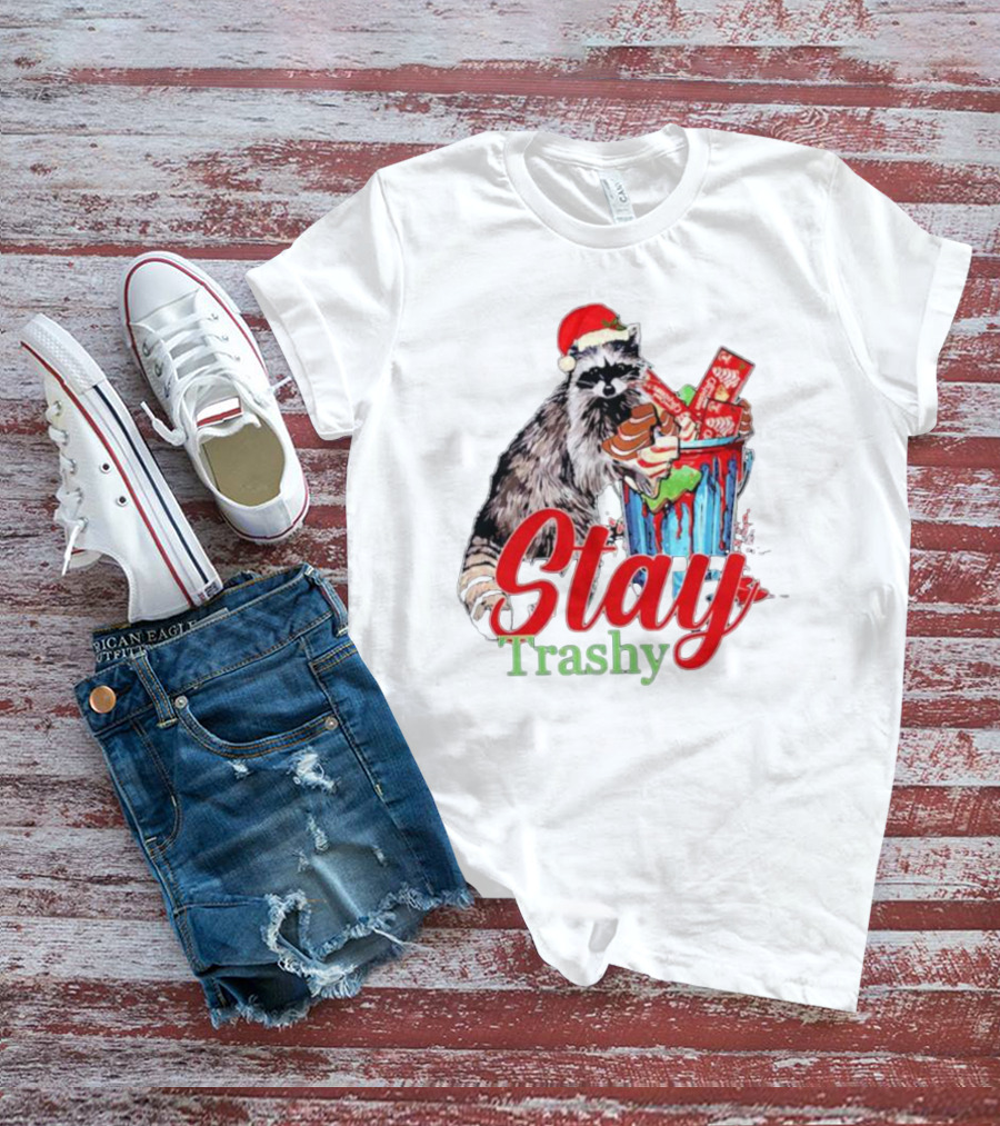 Stay Trashy Christmas Raccoon Xmas Lover With Santa Hat T-Shirt