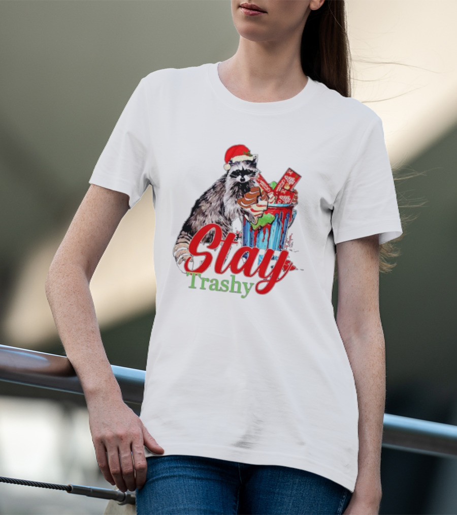 Stay Trashy Christmas Raccoon Xmas Lover With Santa Hat T-Shirt