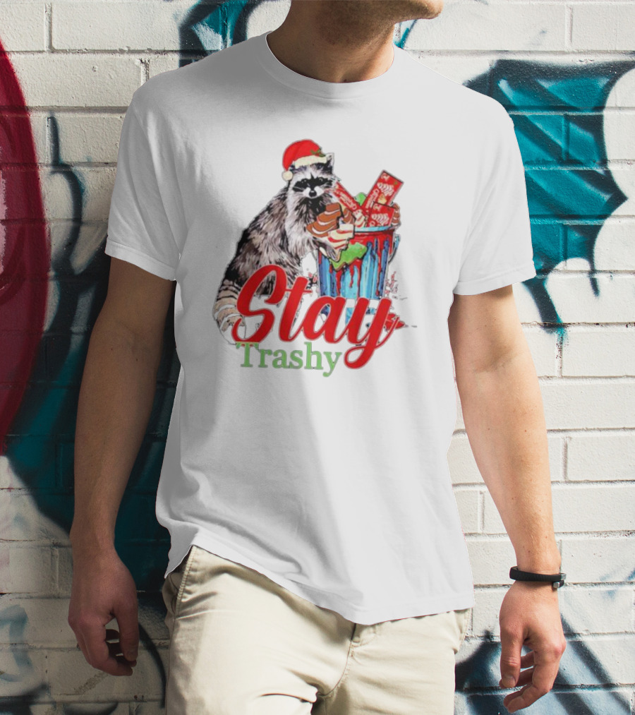 Stay Trashy Christmas Raccoon Xmas Lover With Santa Hat T-Shirt
