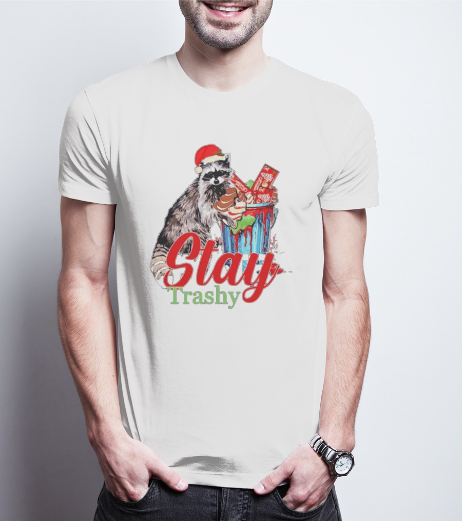 Stay Trashy Christmas Raccoon Xmas Lover With Santa Hat T-Shirt