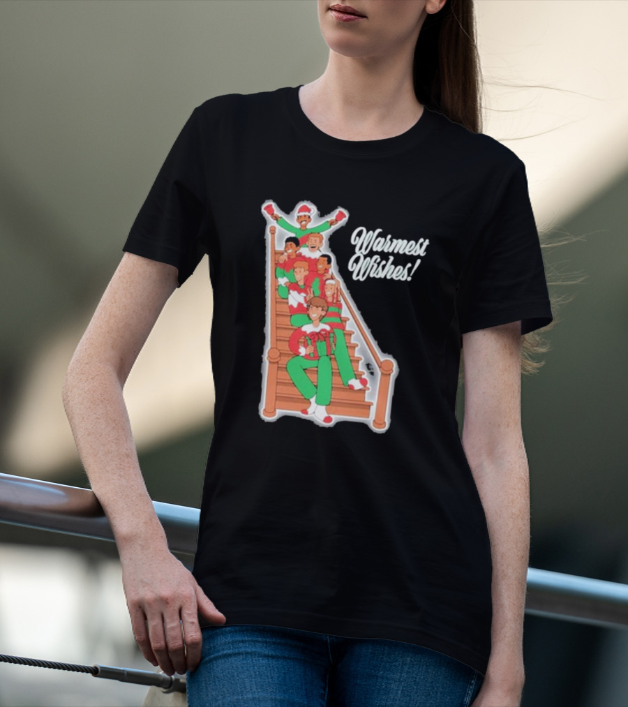 Warmest Wishes Holiday Family On Stairs In Festive Pajamas T-Shirt