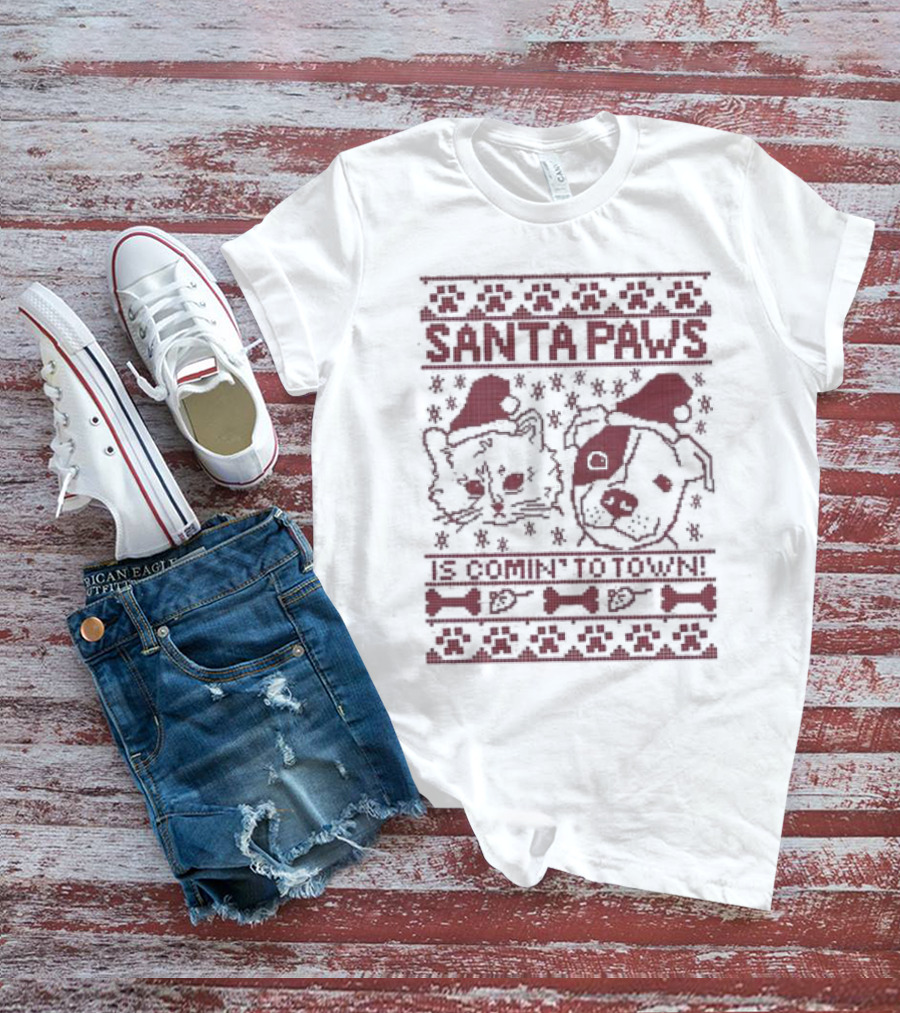Santa Paws Cat And Dog Christmas Sweater Is Comin' To Town T-Shirt