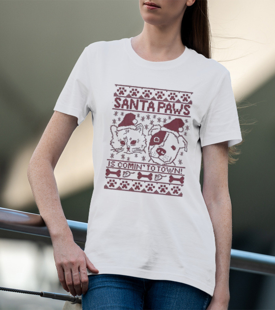 Santa Paws Cat And Dog Christmas Sweater Is Comin' To Town T-Shirt