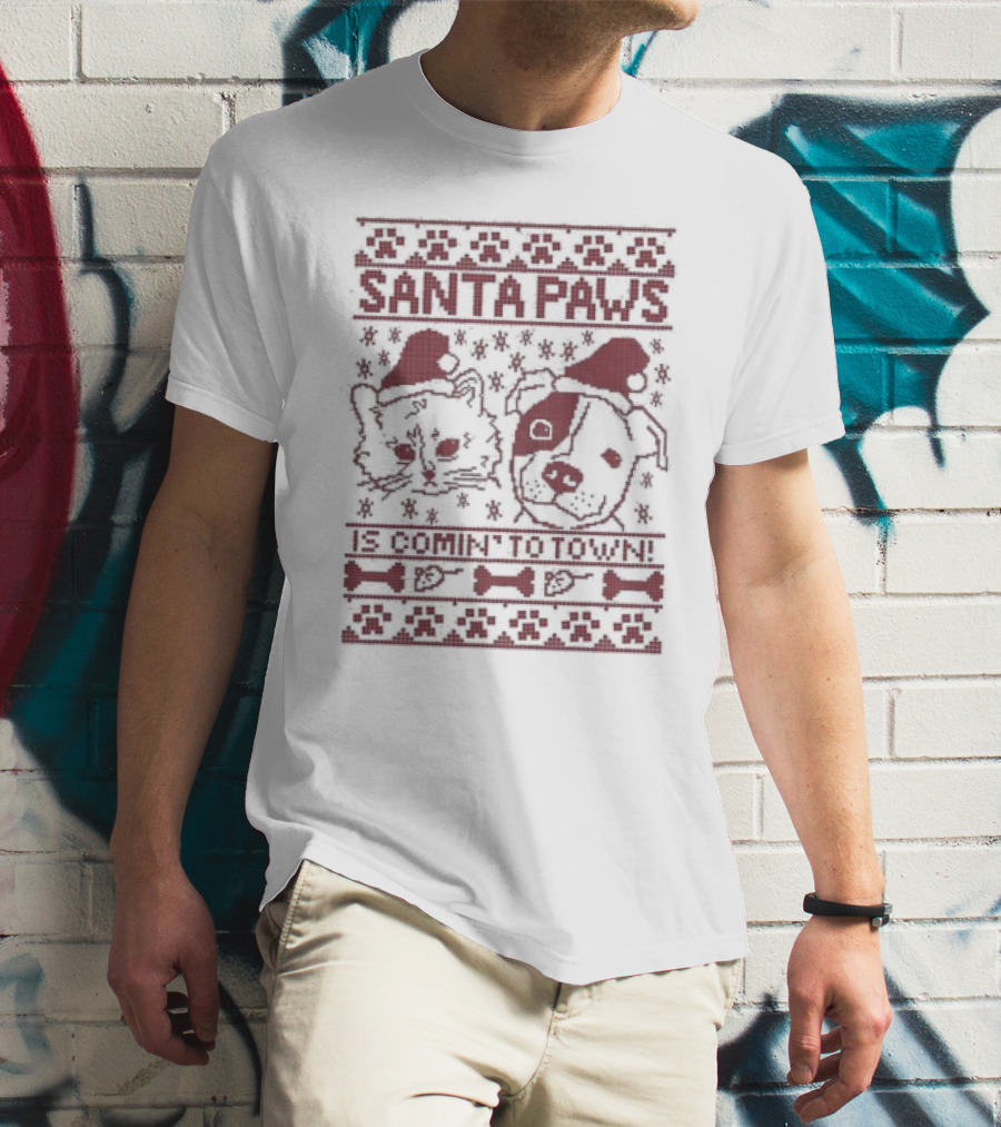 Santa Paws Cat And Dog Christmas Sweater Is Comin' To Town T-Shirt
