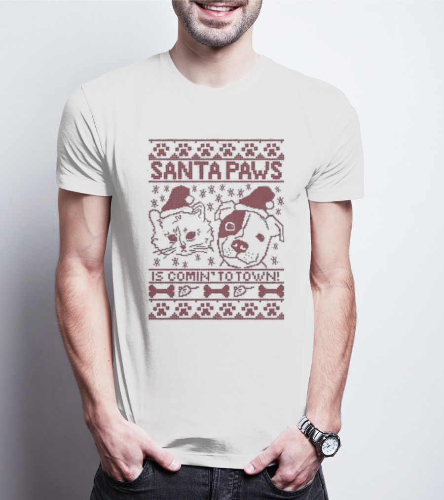 Santa Paws Cat And Dog Christmas Sweater Is Comin' To Town T-Shirt