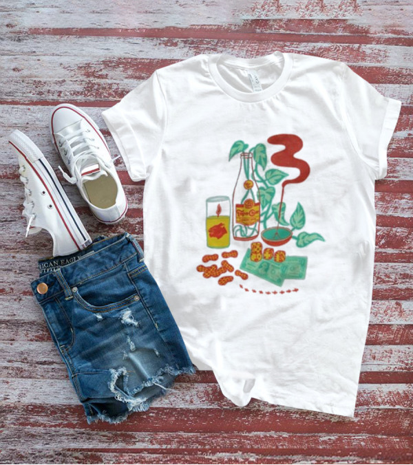 Quarenscene Natural Topo Chico Bottle With Dice, Peanuts, Dollar Bills, Glass, And Smoking Pipe Scene T-Shirt