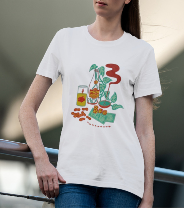 Quarenscene Natural Topo Chico Bottle With Dice, Peanuts, Dollar Bills, Glass, And Smoking Pipe Scene T-Shirt