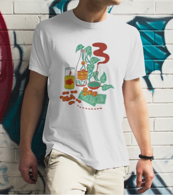 Quarenscene Natural Topo Chico Bottle With Dice, Peanuts, Dollar Bills, Glass, And Smoking Pipe Scene T-Shirt