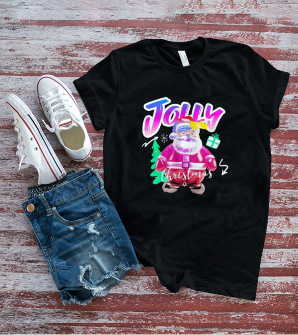 Jolly Merry Christmas Santa Balloon With Gift And Christmas Tree T-Shirt
