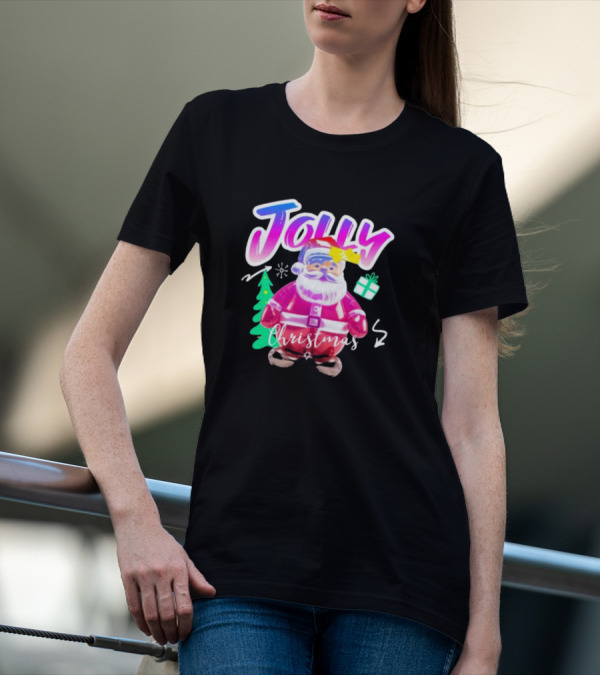 Jolly Merry Christmas Santa Balloon With Gift And Christmas Tree T-Shirt