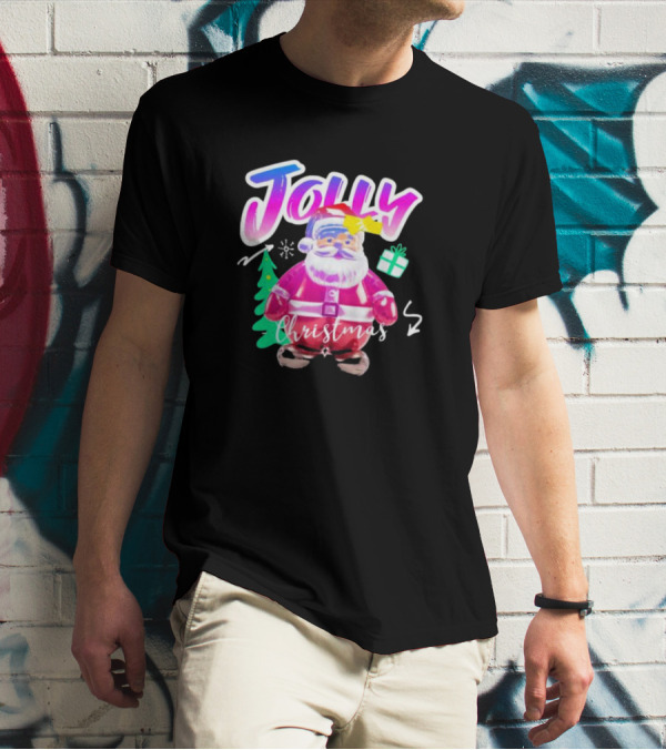 Jolly Merry Christmas Santa Balloon With Gift And Christmas Tree T-Shirt
