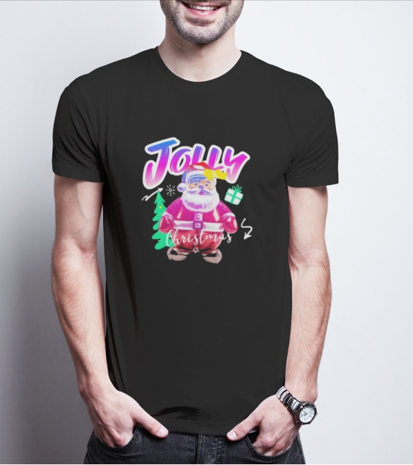 Jolly Merry Christmas Santa Balloon With Gift And Christmas Tree T-Shirt
