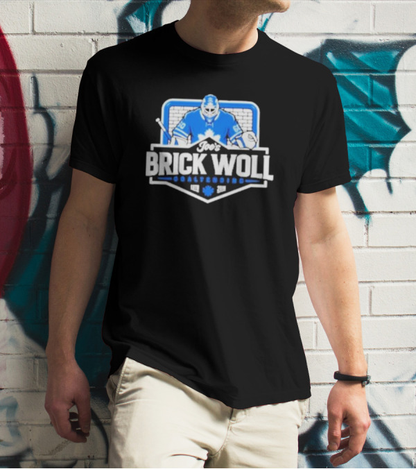 Joe's Brick Woll Goaltending Hockey Maple Leafs 60 Blue Goalie Blocking Net T-Shirt