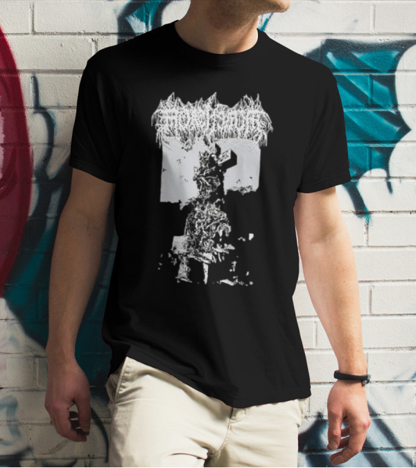 Mortiferum Burial Stone Cross Death Metal Band Logo With Gothic Cemetery T-Shirt