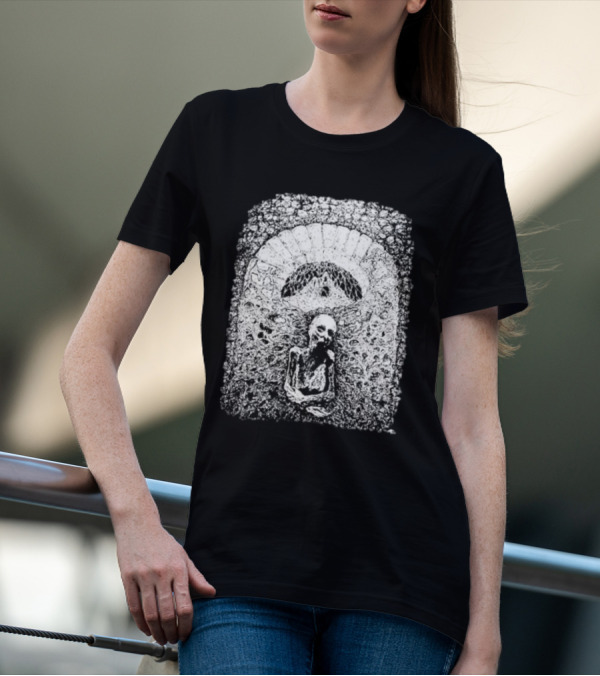 Mortiferum Cave Dweller Skeleton In Gothic Archway T-Shirt