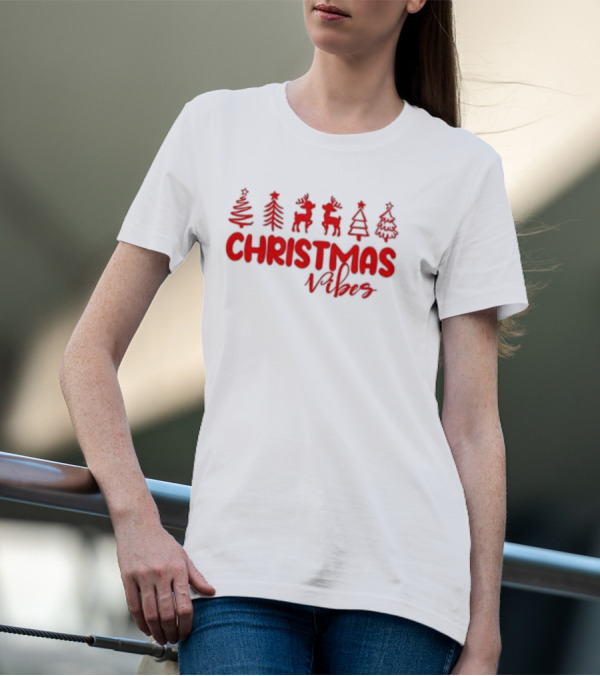 Christmas Vibes Festive Trees And Reindeer T-Shirt