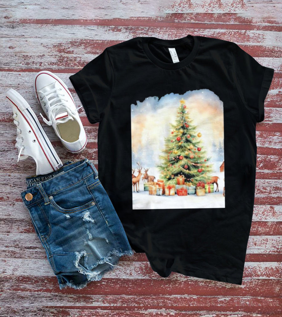 Watercolor Christmas Tree With Reindeer And Presents Scene T-Shirt