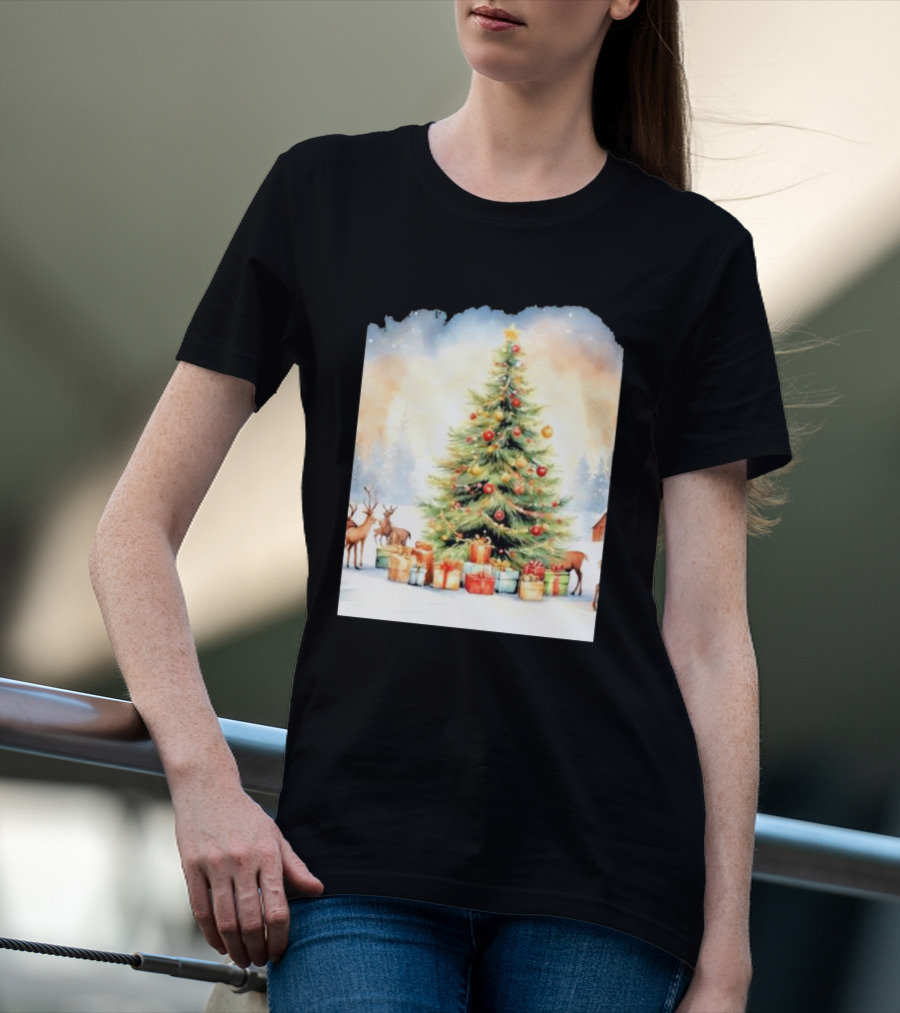 Watercolor Christmas Tree With Reindeer And Presents Scene T-Shirt