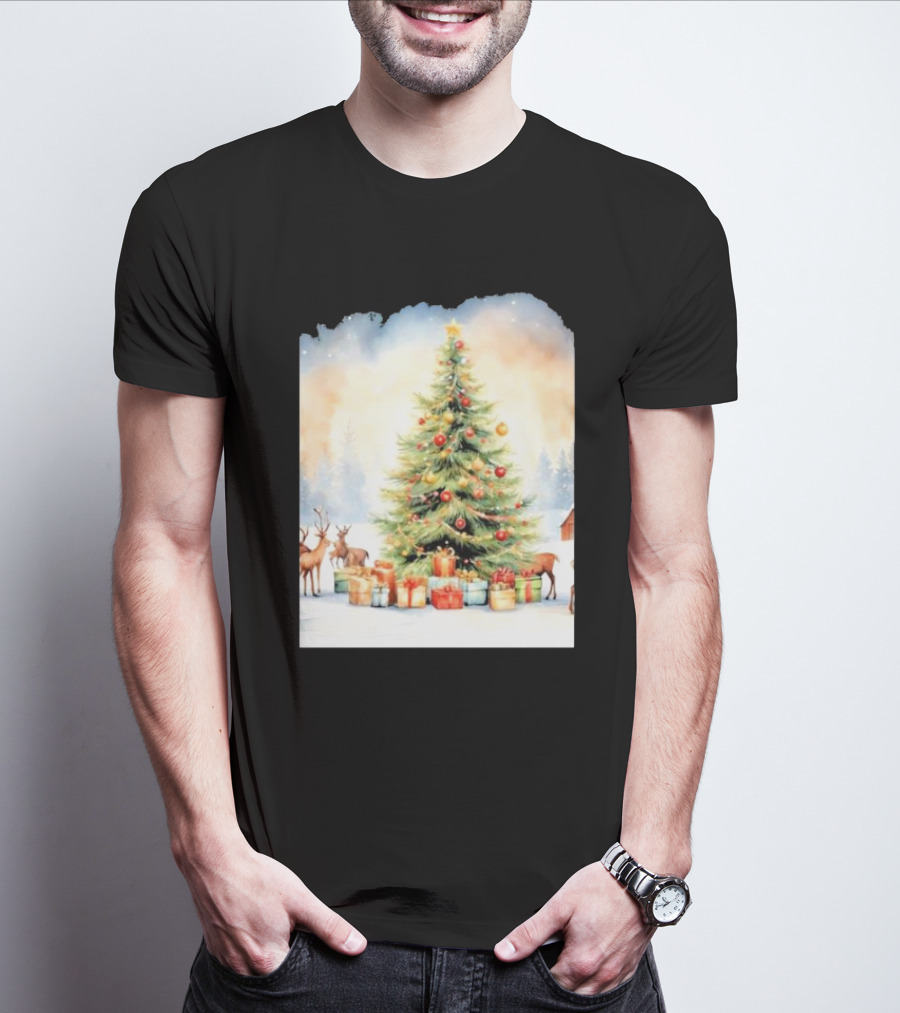 Watercolor Christmas Tree With Reindeer And Presents Scene T-Shirt