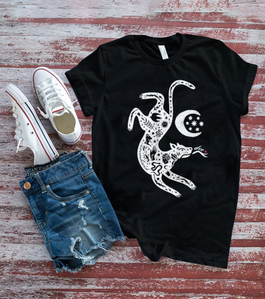 Wovenhand Alchemist Wolf With Stars And Crescent Moon T-Shirt
