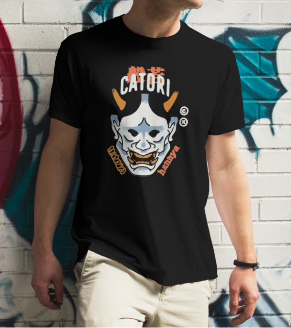 Catori Hannya Mask Face Copyright Symbol Orange Horns T-Shirt