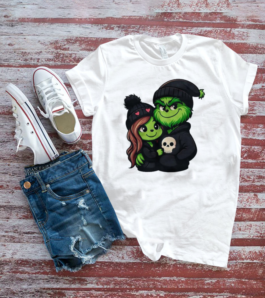 Cute Grinch And Girlfriend In Black Beanies With Skull Hoodie And Heart Details T-Shirt