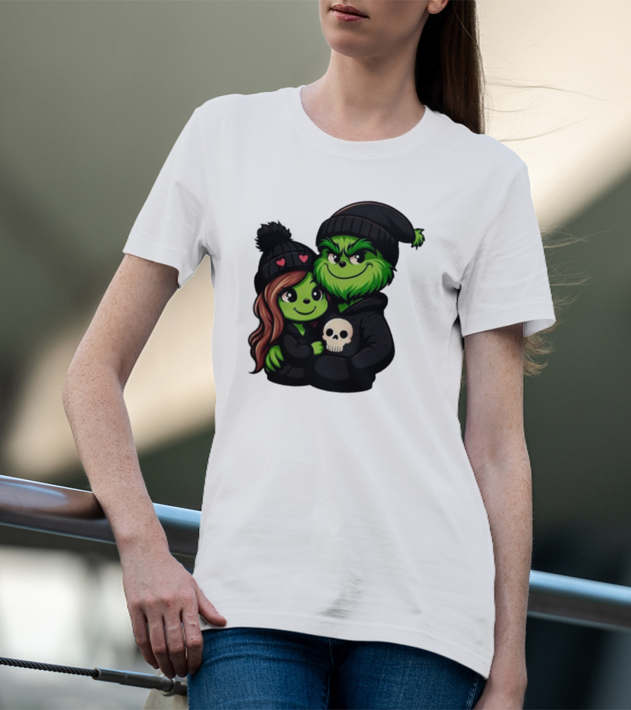 Cute Grinch And Girlfriend In Black Beanies With Skull Hoodie And Heart Details T-Shirt