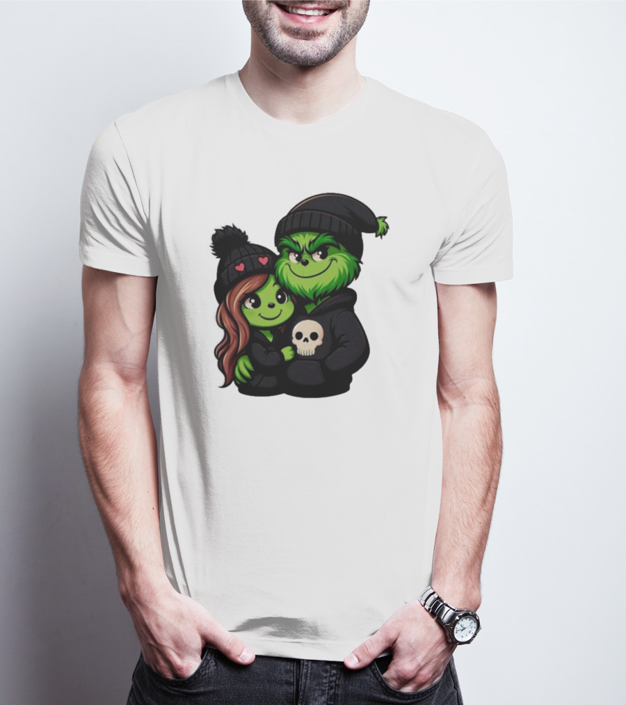 Cute Grinch And Girlfriend In Black Beanies With Skull Hoodie And Heart Details T-Shirt