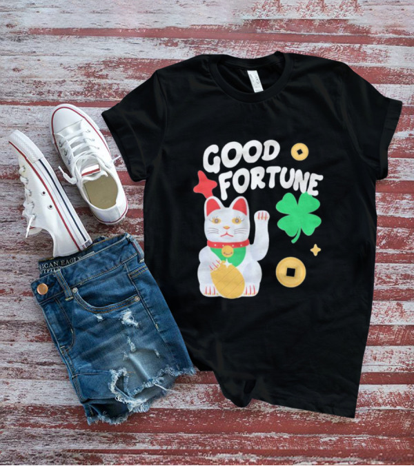 Good Fortune Cat With Clover And Coins T-Shirt