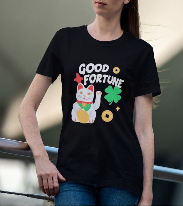 Good Fortune Cat With Clover And Coins T-Shirt