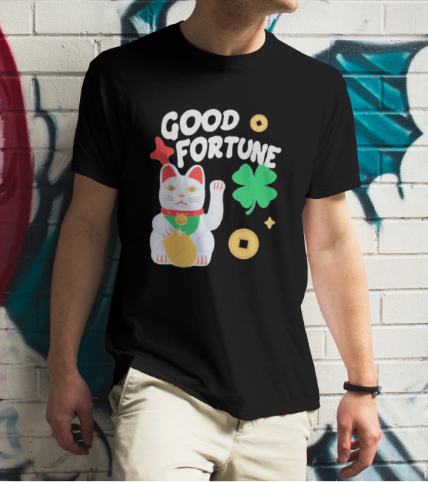 Good Fortune Cat With Clover And Coins T-Shirt