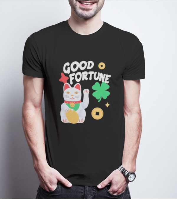 Good Fortune Cat With Clover And Coins T-Shirt