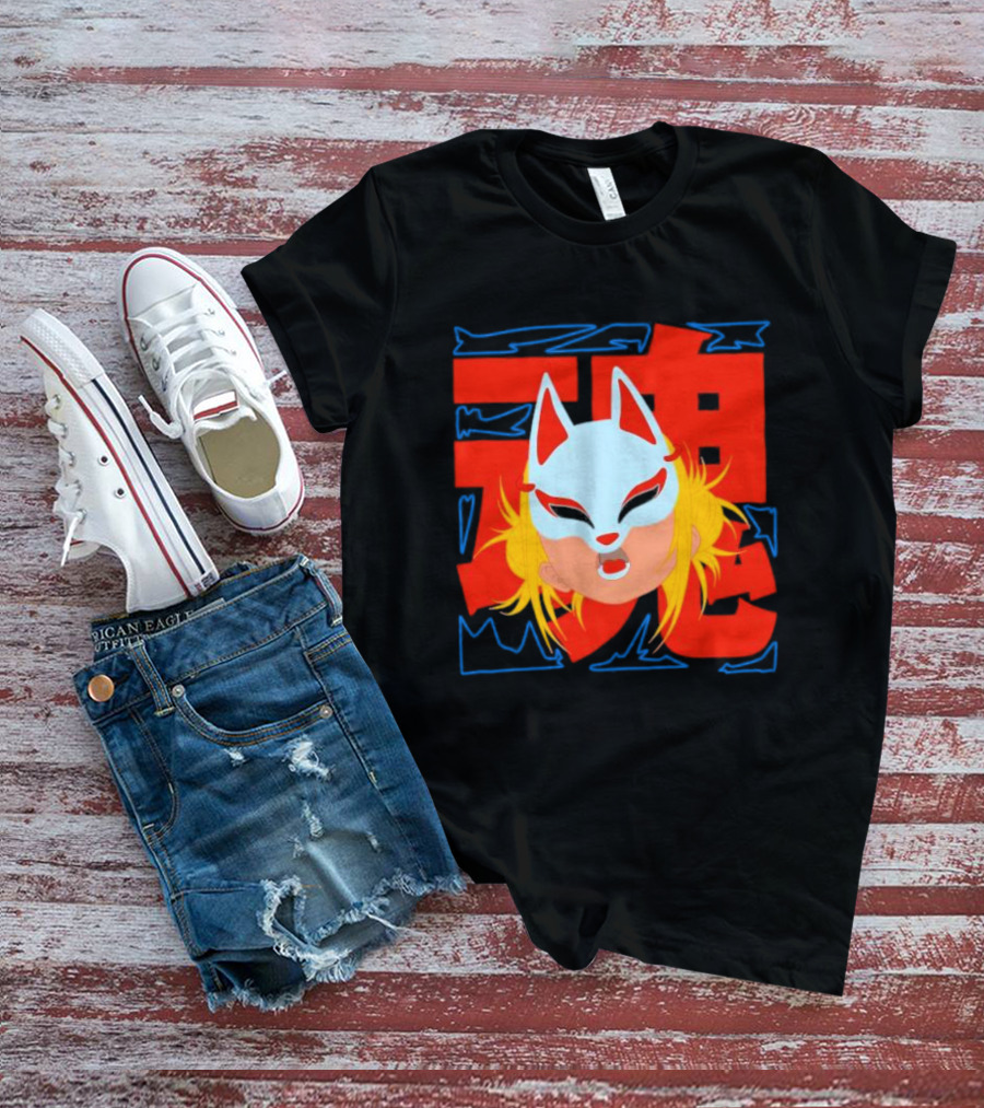 Kitsune Catori Mask With Red Kanji And Blond Hair T-Shirt