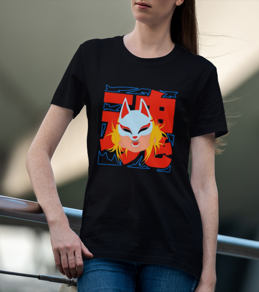 Kitsune Catori Mask With Red Kanji And Blond Hair T-Shirt