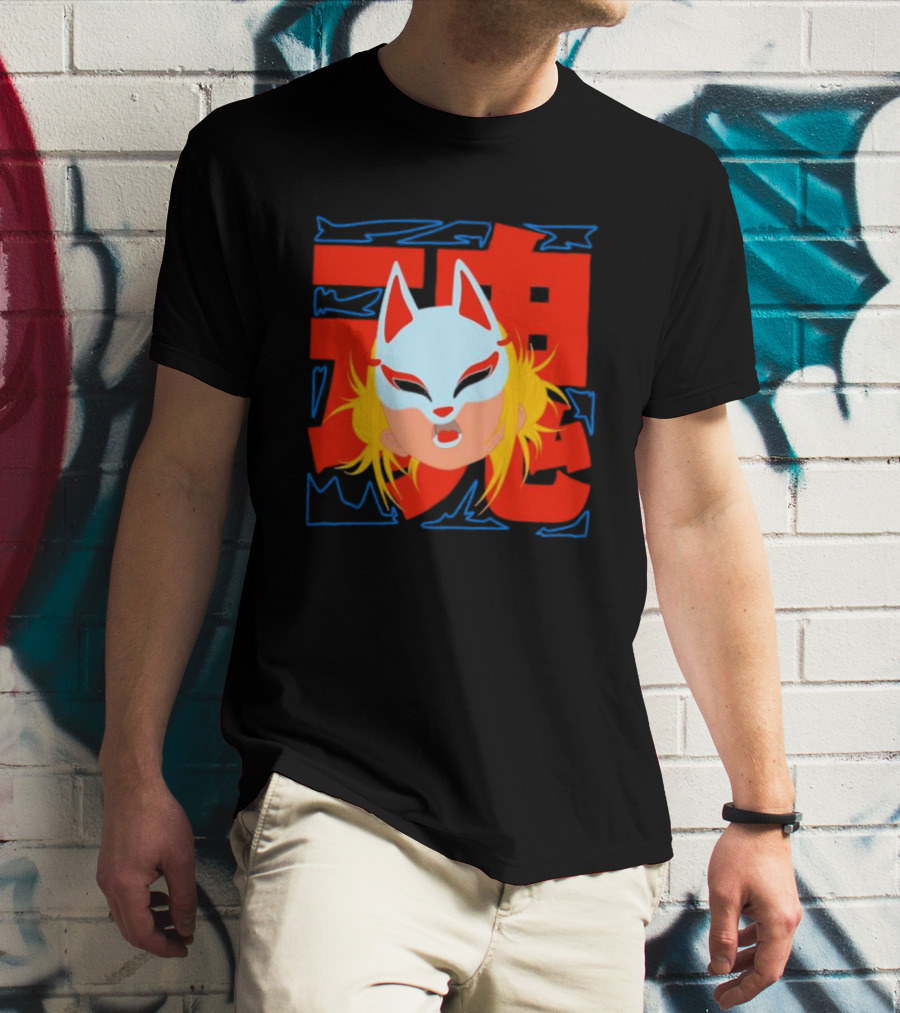 Kitsune Catori Mask With Red Kanji And Blond Hair T-Shirt