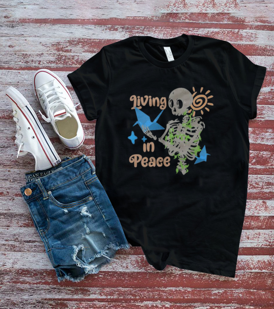 Living In Peace Skeleton Sun Origami Birds T-Shirt