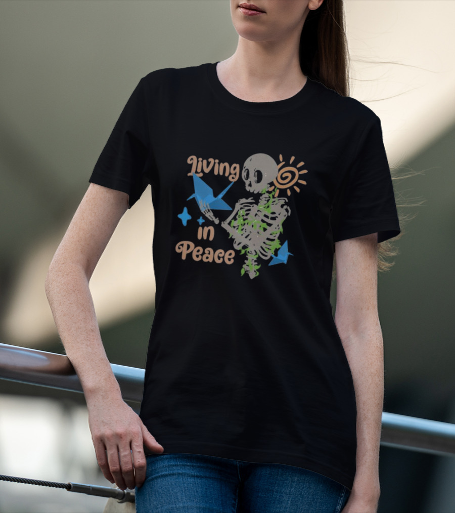 Living In Peace Skeleton Sun Origami Birds T-Shirt