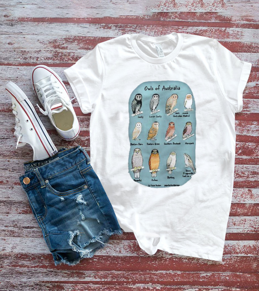 Owls Of Australia Illustrated Guide Featuring Sooty Lesser Sooty Australian Masked Eastern Barn Eastern Grass Southern Boobook Powerful Rufous Barking Barn Owl By Pete Pascoe T-Shirt