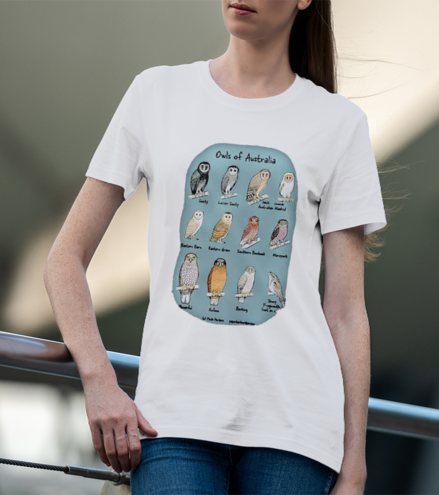 Owls Of Australia Illustrated Guide Featuring Sooty Lesser Sooty Australian Masked Eastern Barn Eastern Grass Southern Boobook Powerful Rufous Barking Barn Owl By Pete Pascoe T-Shirt