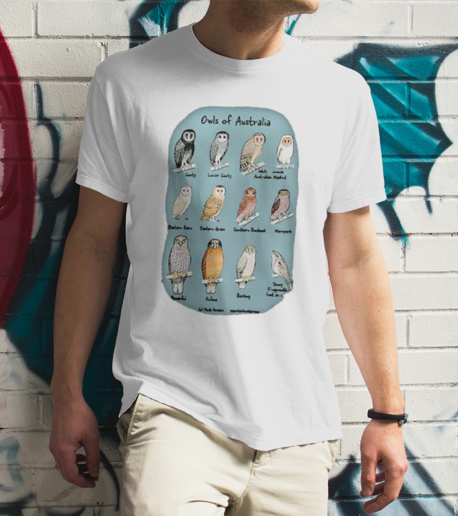 Owls Of Australia Illustrated Guide Featuring Sooty Lesser Sooty Australian Masked Eastern Barn Eastern Grass Southern Boobook Powerful Rufous Barking Barn Owl By Pete Pascoe T-Shirt