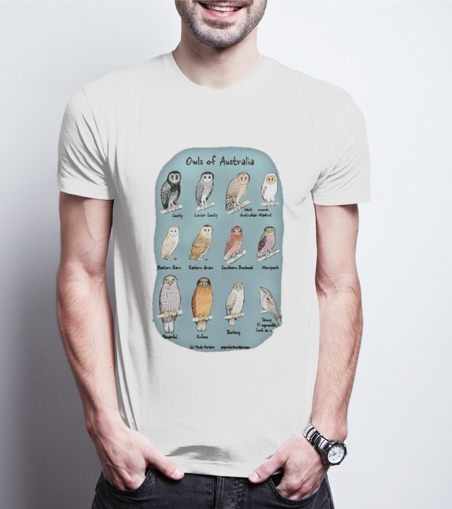 Owls Of Australia Illustrated Guide Featuring Sooty Lesser Sooty Australian Masked Eastern Barn Eastern Grass Southern Boobook Powerful Rufous Barking Barn Owl By Pete Pascoe T-Shirt