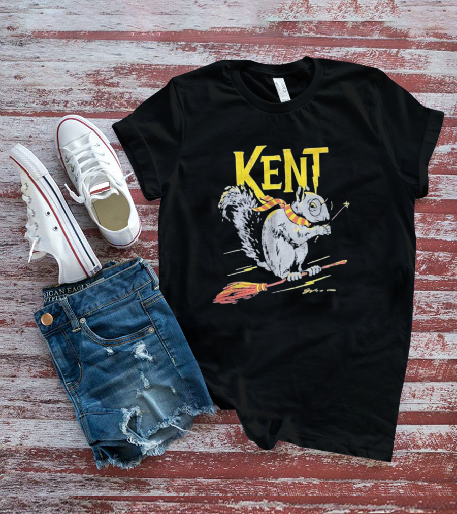 Kent Wizardly Squirrel Riding Broomstick With Wand And Scarf T-Shirt