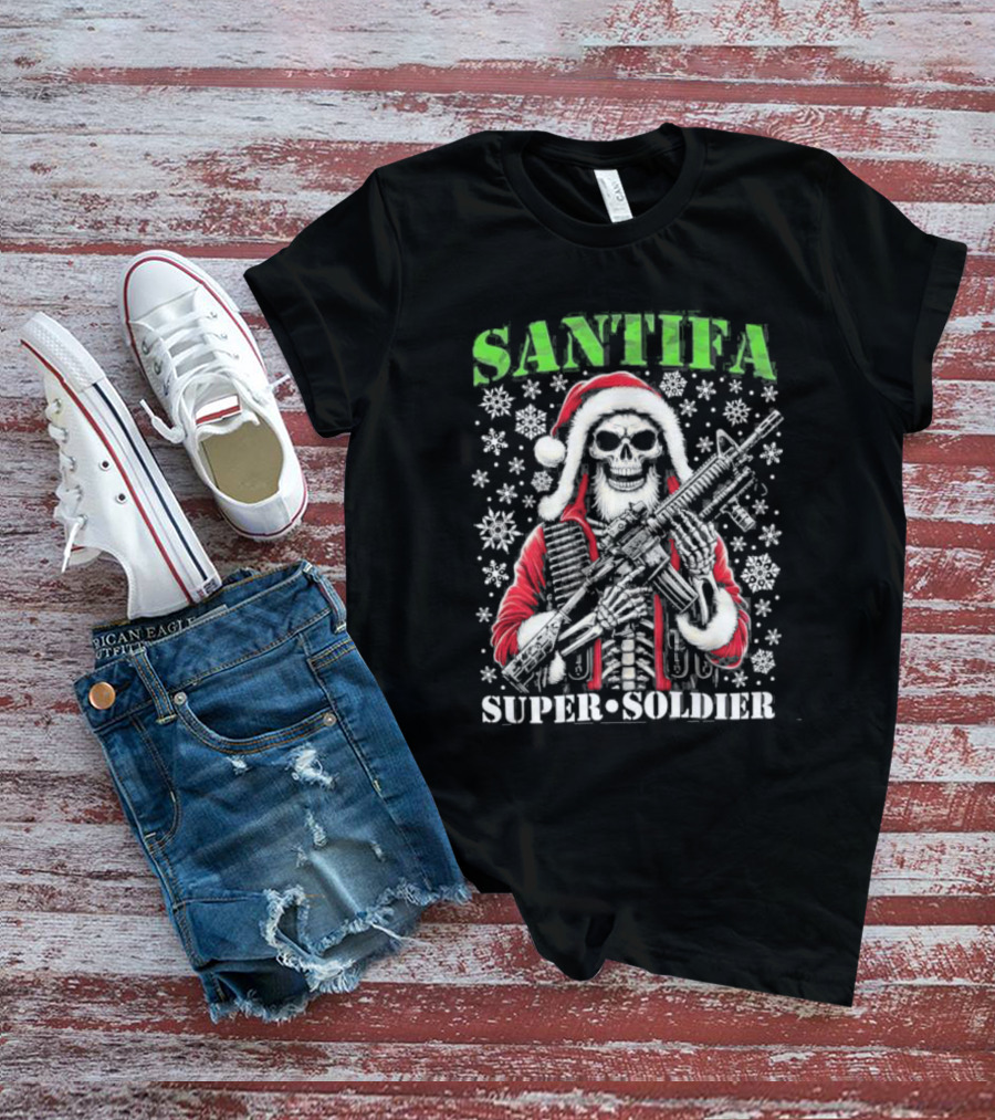 Santifa Super Soldier Skeleton Santa With Snowflakes And Rifle T-Shirt