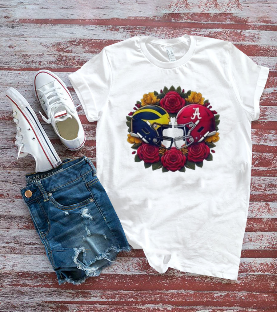 Rose Bowl Game Michigan Wolverines Versus Alabama Crimson Tide Football Helmets With Roses T-Shirt