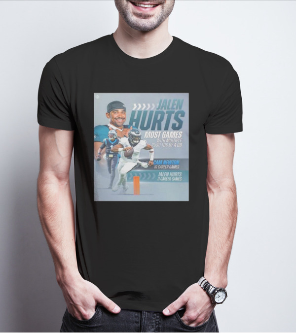 Jalen Hurts Most Games With Multiple Rush TDs By A QB Philadelphia Eagles Cam Newton 10 Career Games Jalen Hurts 11 Career Games T-Shirt
